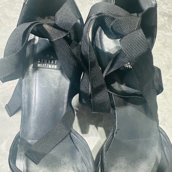 Stuart Weitzman Black Leather Peep-Toe Strappy Lace-Up Heels, Size 8B - Picture 3 of 9